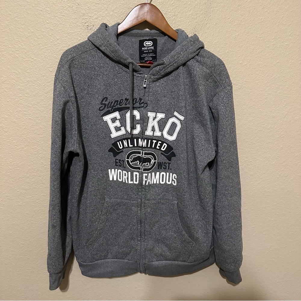 Ecko Unlimited Y2K Men’s Grey Spellout Full Zip Hooded Jacket